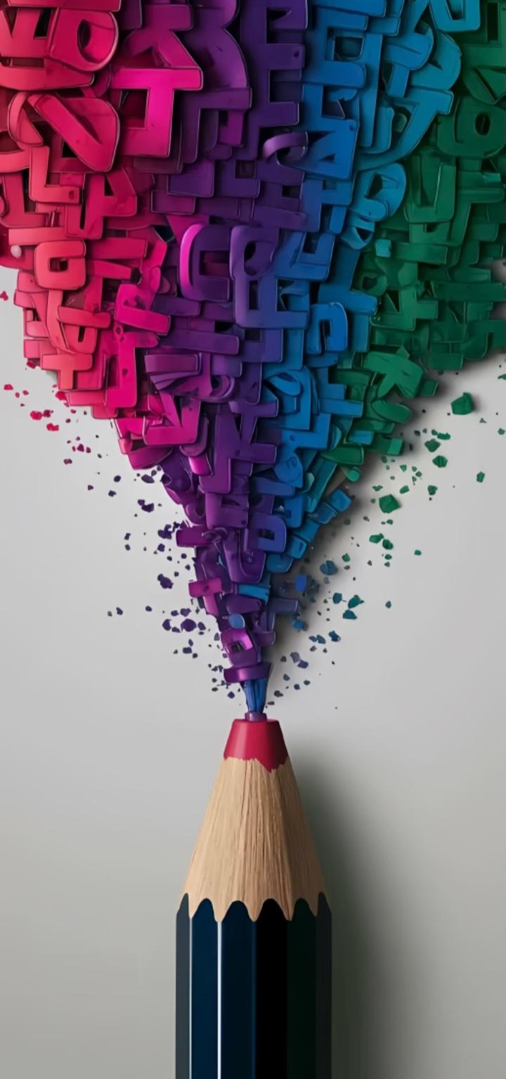 A creative 3D illustration of a pencil standing upright, with colorful letters bursting out from its tip to form the shape of a large heart.