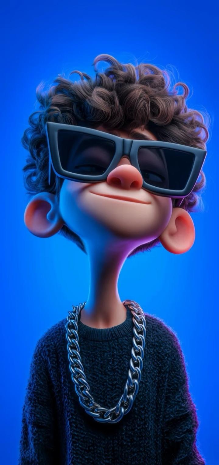 A 3D cartoon illustration of a cool boy with curly hair wearing large black sunglasses and a silver chain necklace, standing against a bright blue background.