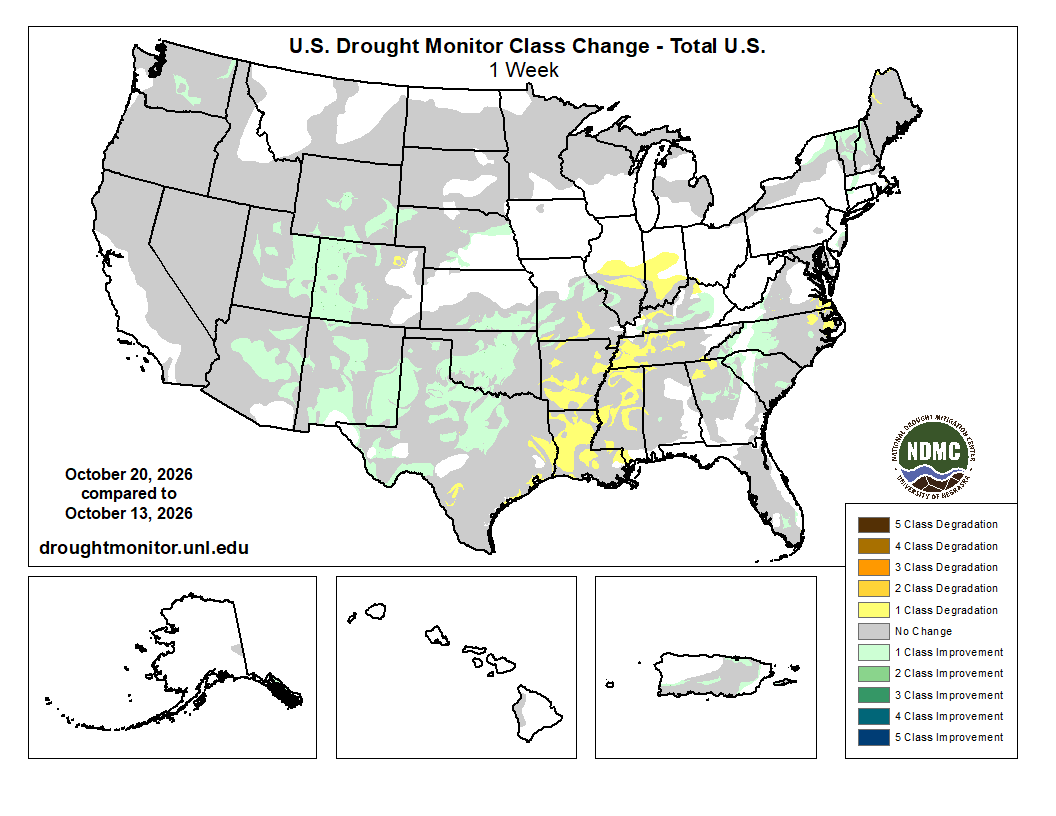US Drought Monitor class change map comparing conditions from October 20 to October 13. For more information and statistics, visit https://go.unl.edu/change-maps