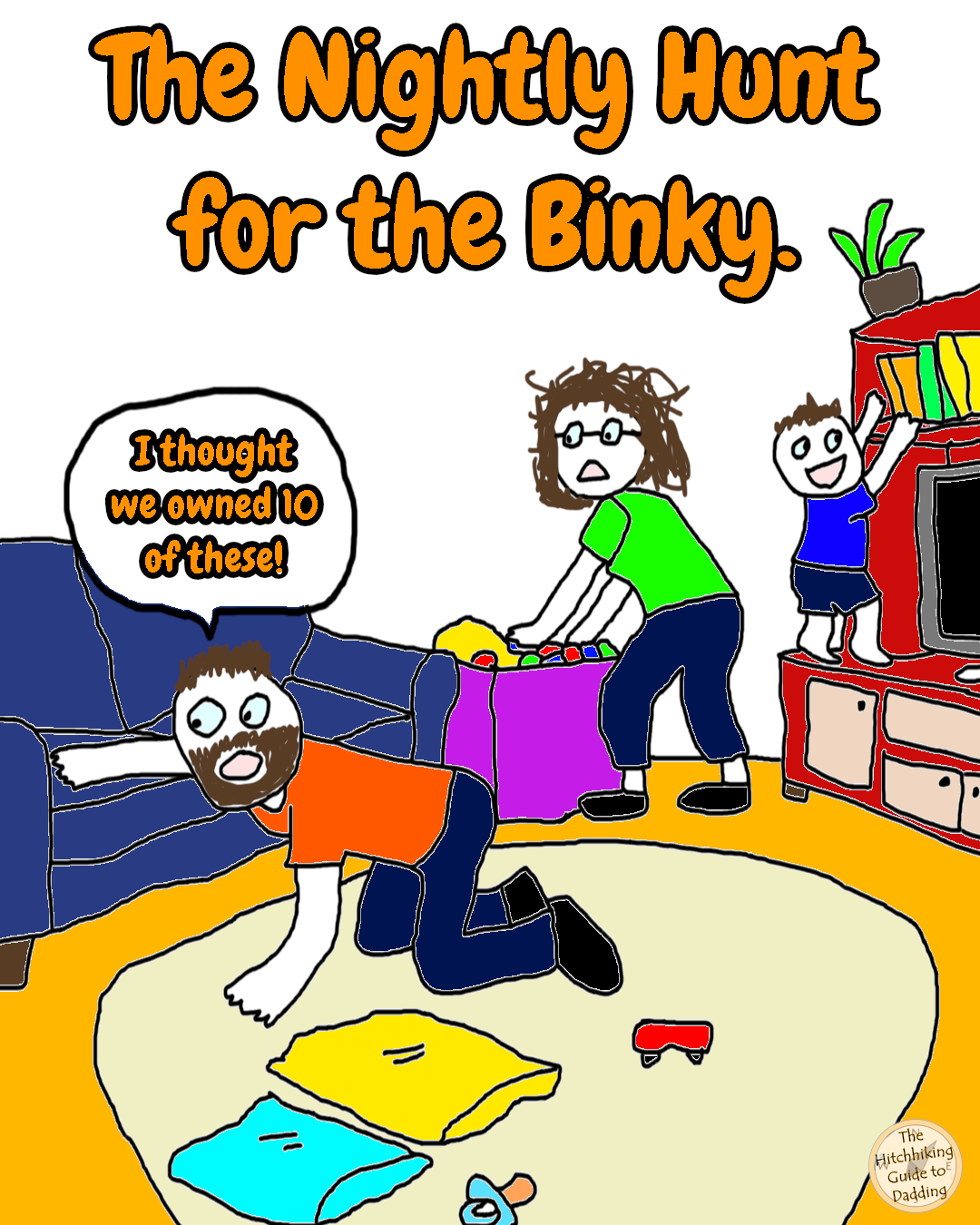 Cartoon family searching a living room for a missing binky during the nightly pacifier hunt.