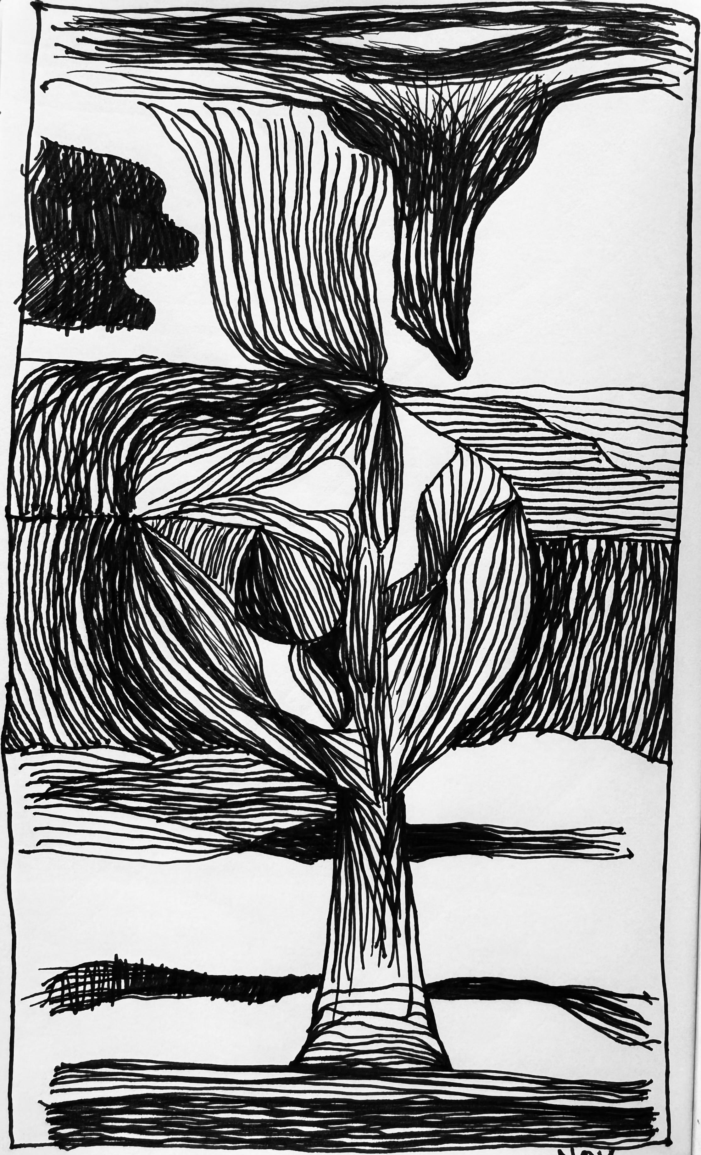 A black and white abstract line drawing depicting a stylized tree with flowing, elongated lines. The background features horizontal and vertical patterns, creating a sense of movement and depth.