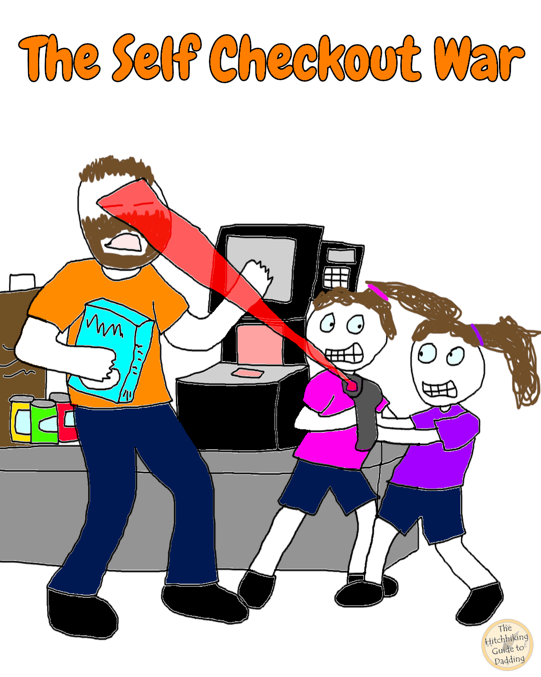 Cartoon family causing chaos at a self‑checkout as kids fight over the barcode scanner.