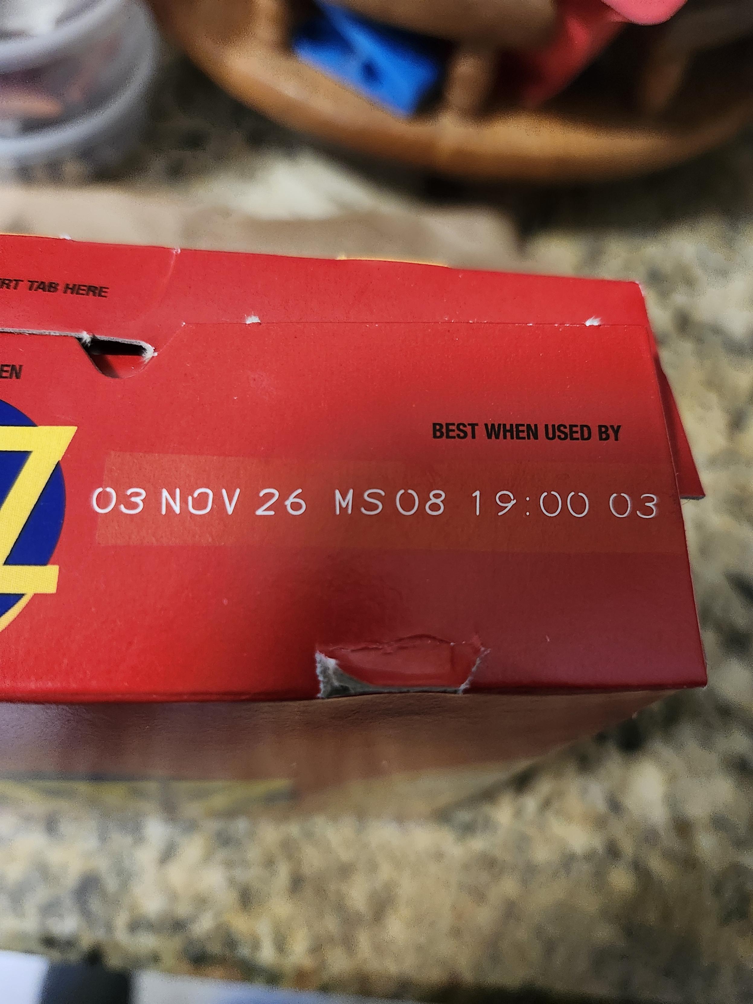 The top of the box showing the date code.
