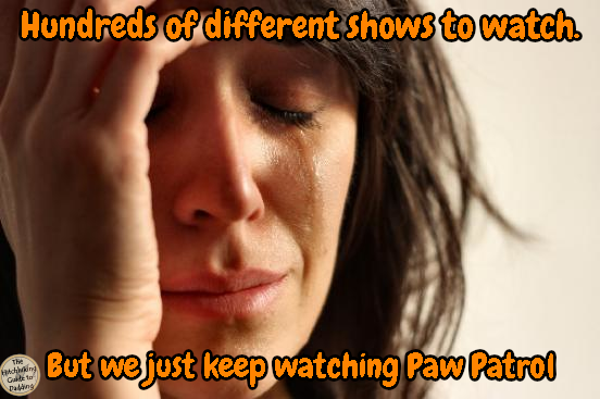 Close‑up cartoon of a tired parent with text about having hundreds of shows but always ending up watching Paw Patrol.