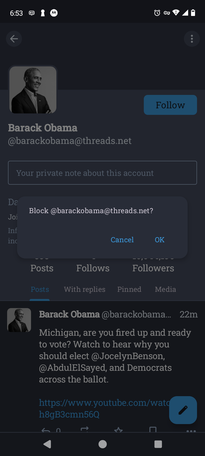 Screenshot of a pop-up asking if I want to block an account. Obama's account on Threads