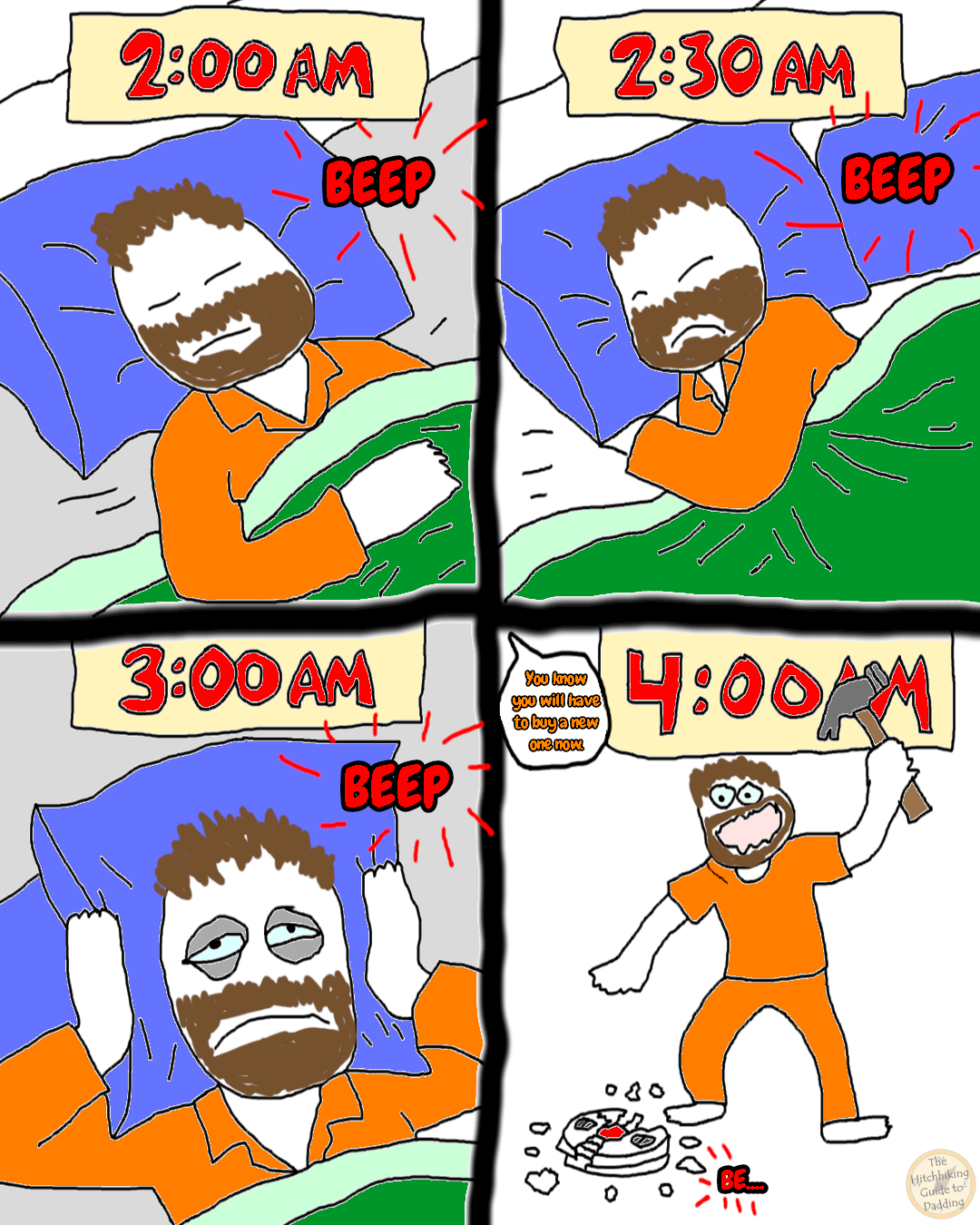 Four‑panel cartoon of a person losing sleep as a smoke detector keeps beeping until they finally smash it with a hammer.