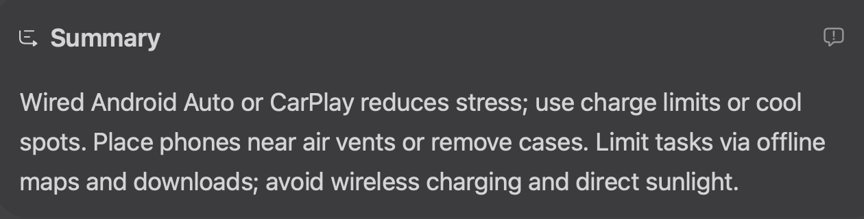 Summary
Wired Android Auto or CarPlay reduces stress; use charge limits or cool spots. Place phones near air vents or remove cases. Limit tasks via offline maps and downloads; avoid wireless charging and direct sunlight.