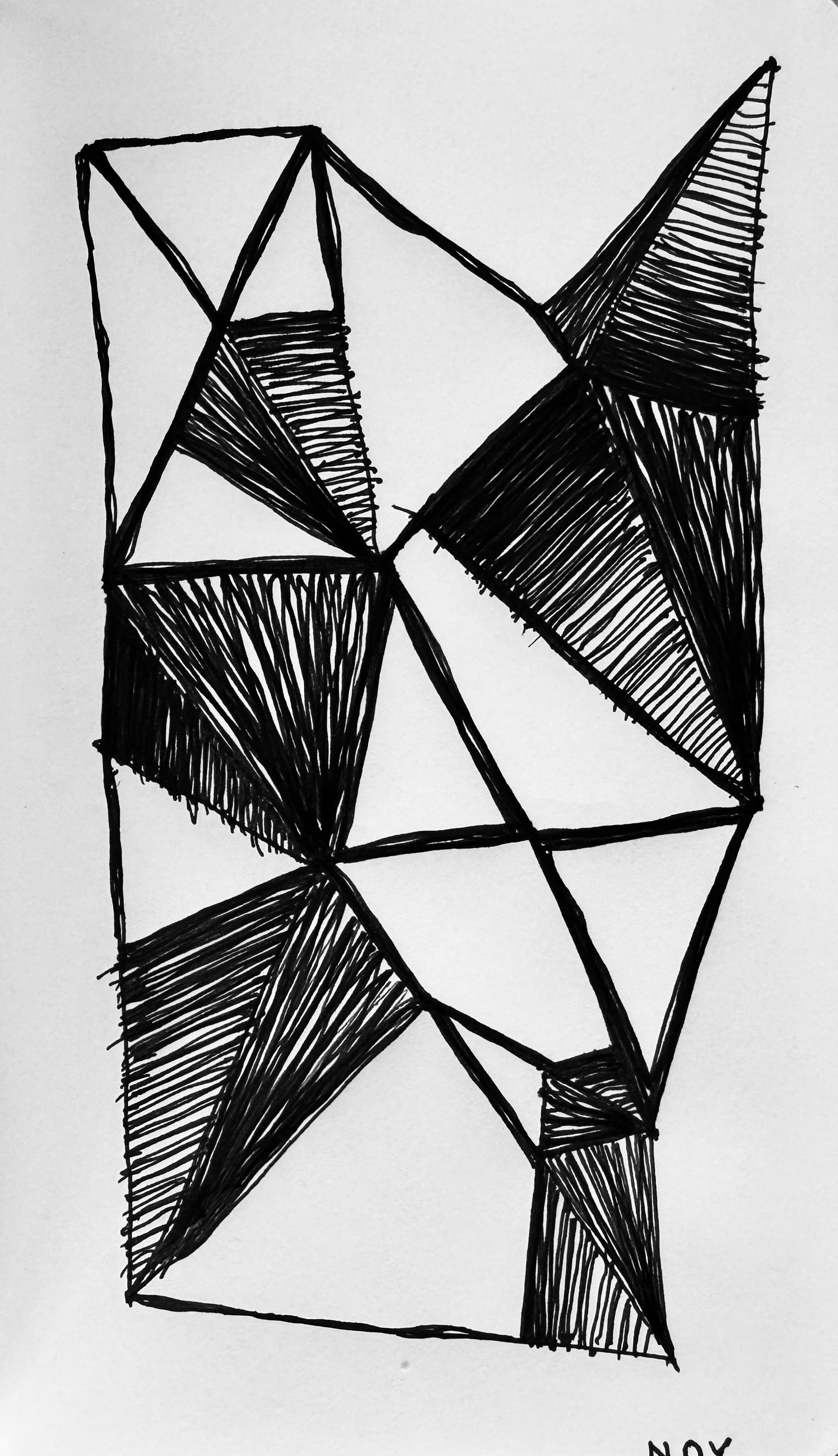 Black ink drawing featuring an abstract composition of overlapping triangles and geometric shapes with varying line textures on a white background.