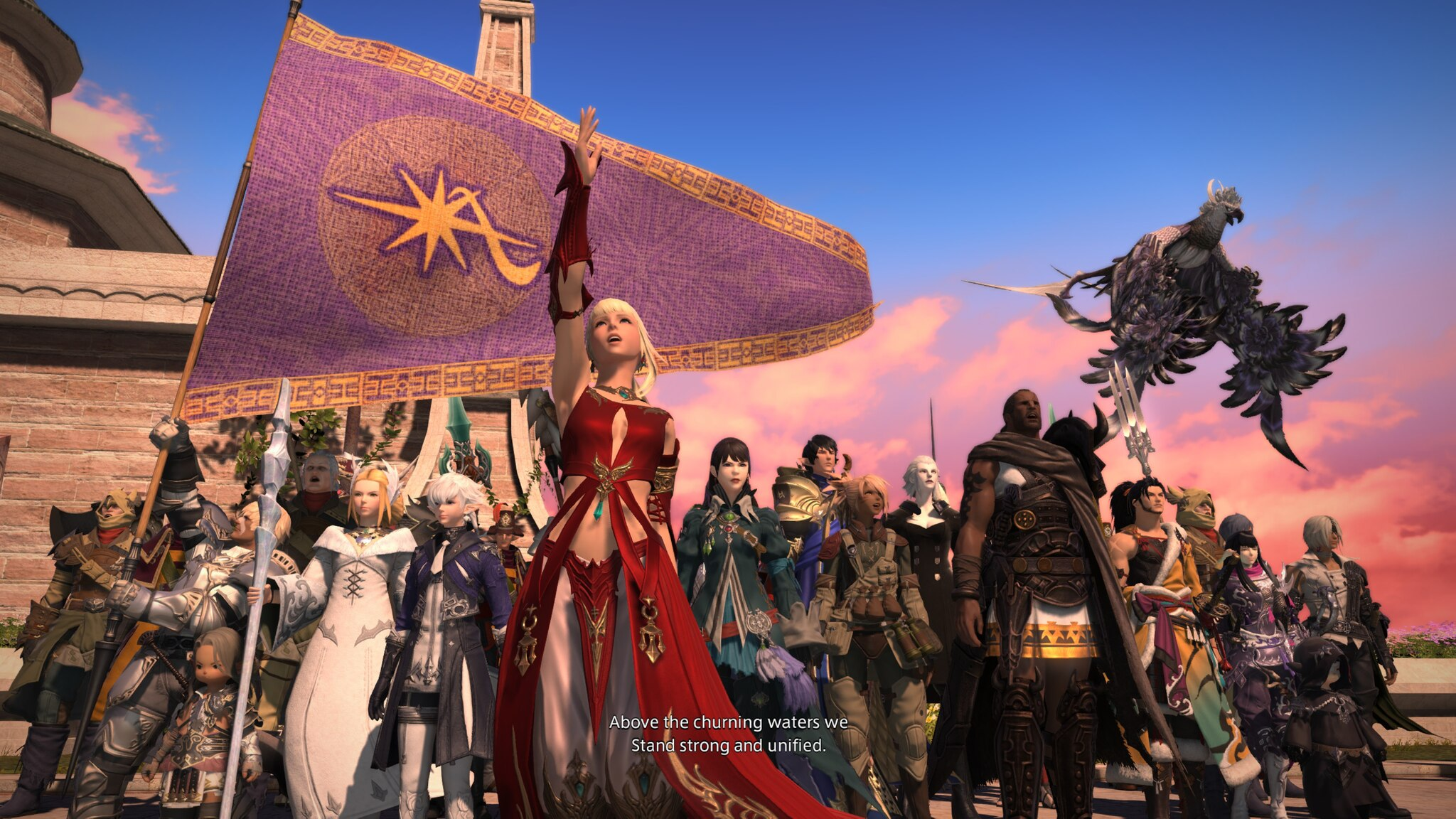 A screenshot from FFXIV showing the ensemble cast at the end of Stormblood.