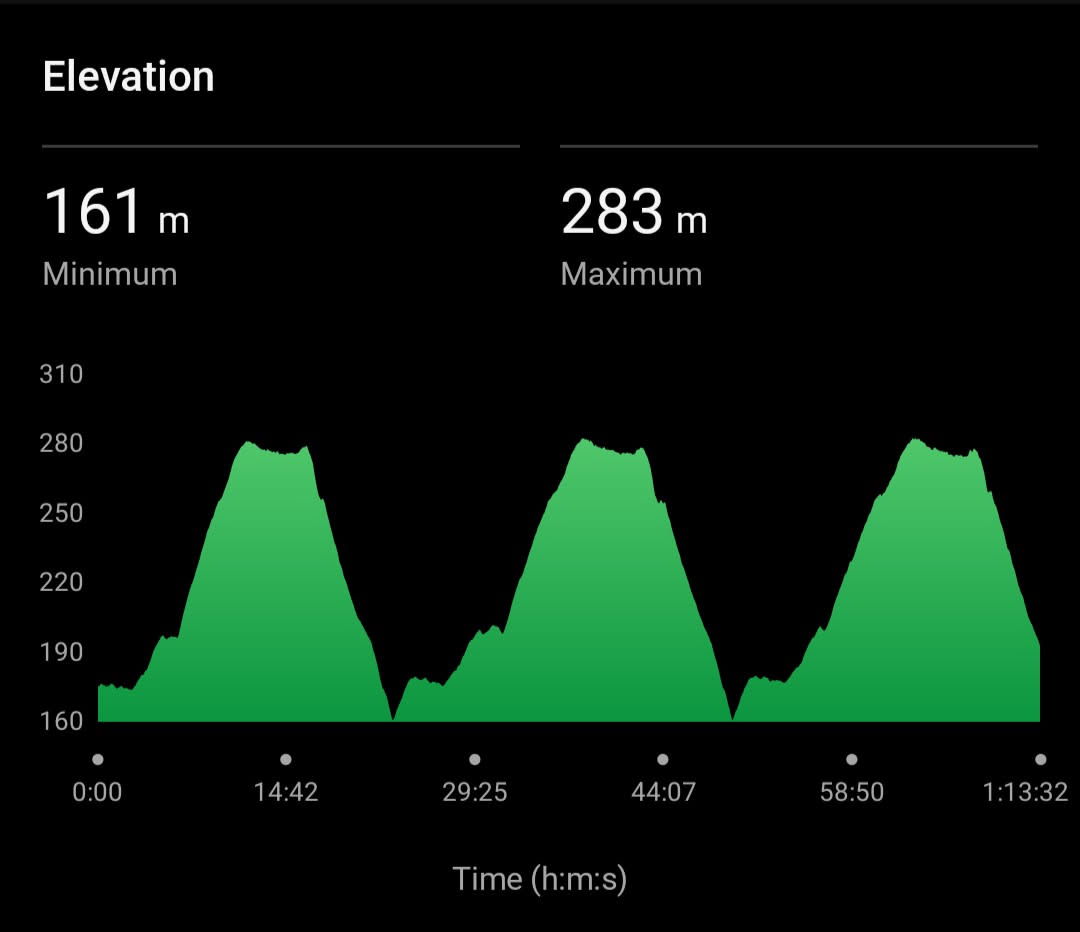 An elevation chart showing a 3 lap trail run with brutal hill section.