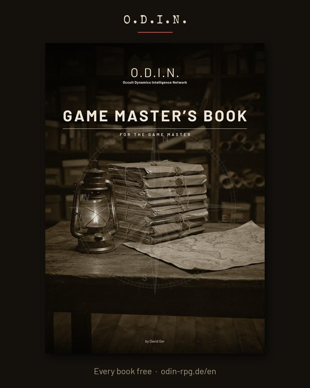 Cover of the Game Master's Book: a lit oil lantern beside a stack of tied files and a map on an archive table, in sepia.