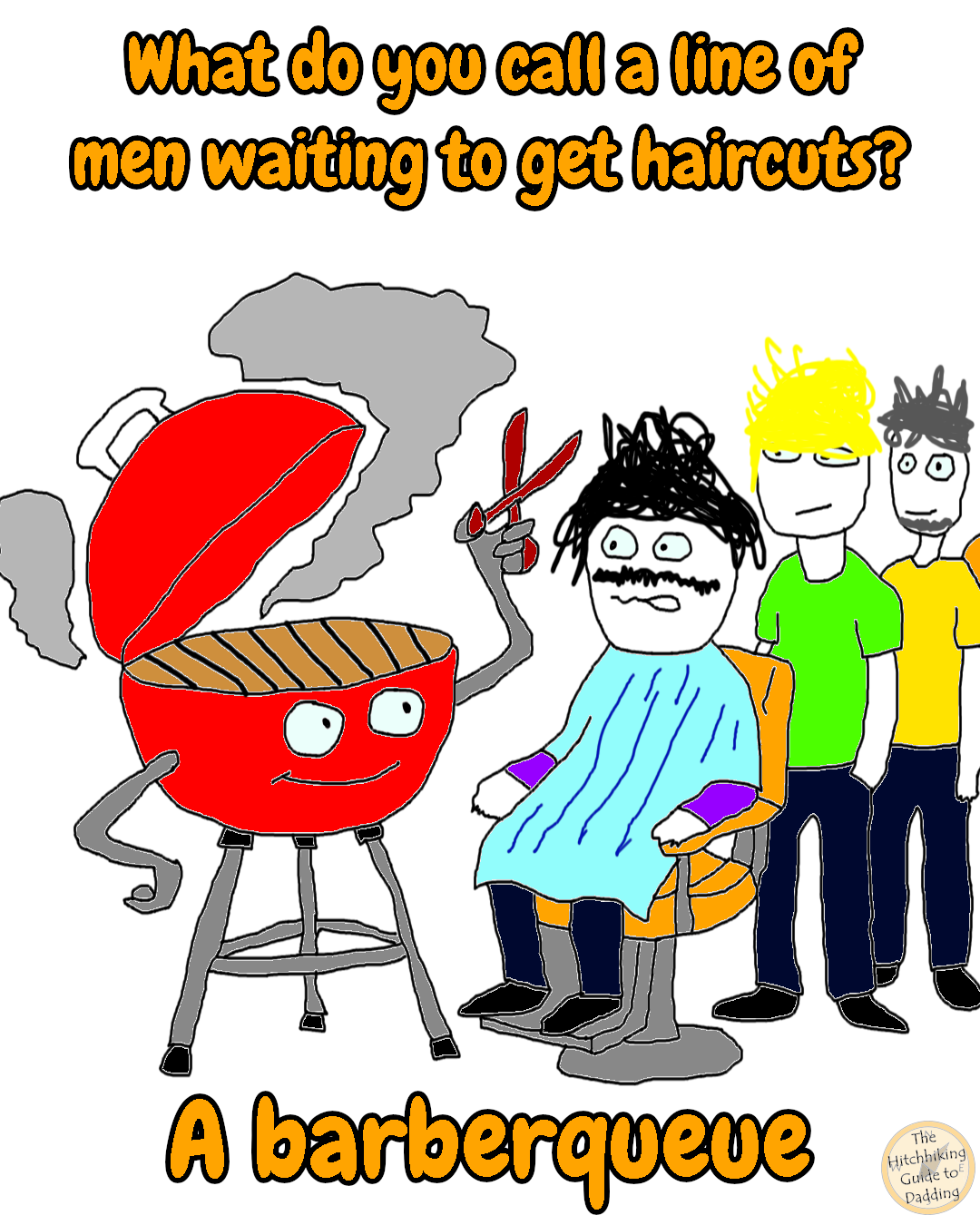 Cartoon barbecue grill acting as a barber cutting hair, with a pun about a “barberqueue.”