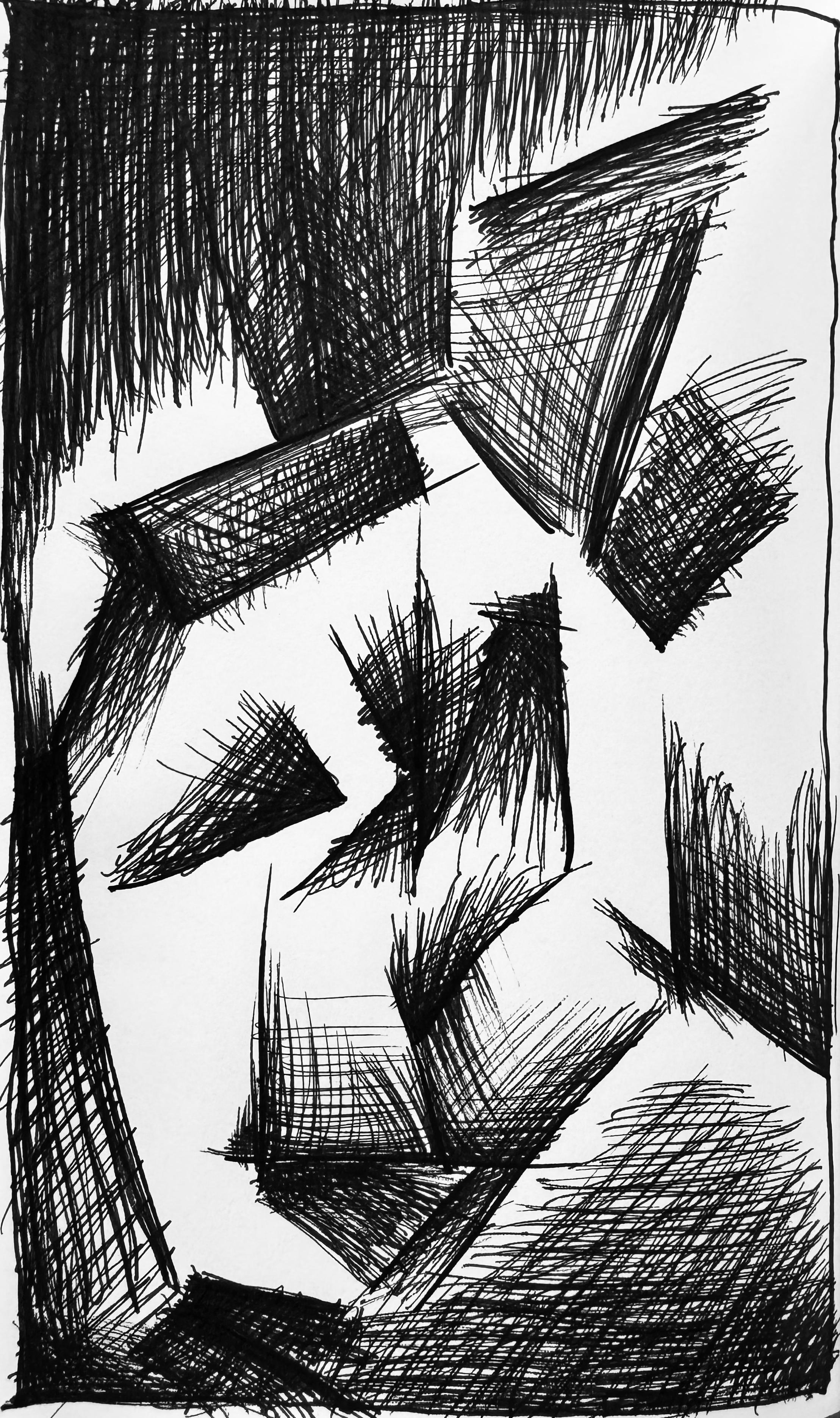 Abstract black ink drawing featuring intersecting geometric shapes and varying textures. The composition creates a sense of depth and movement through bold lines and cross-hatching.