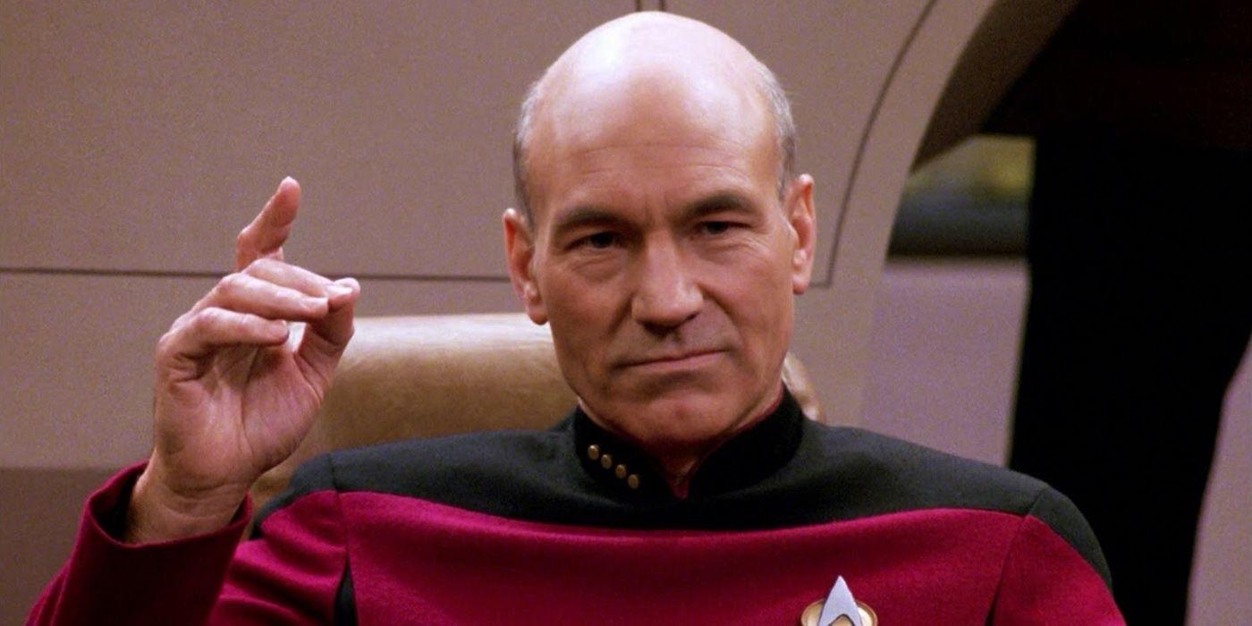 Patrick Steward as Jean-Luc Picard on the command deck of The Enterprise.