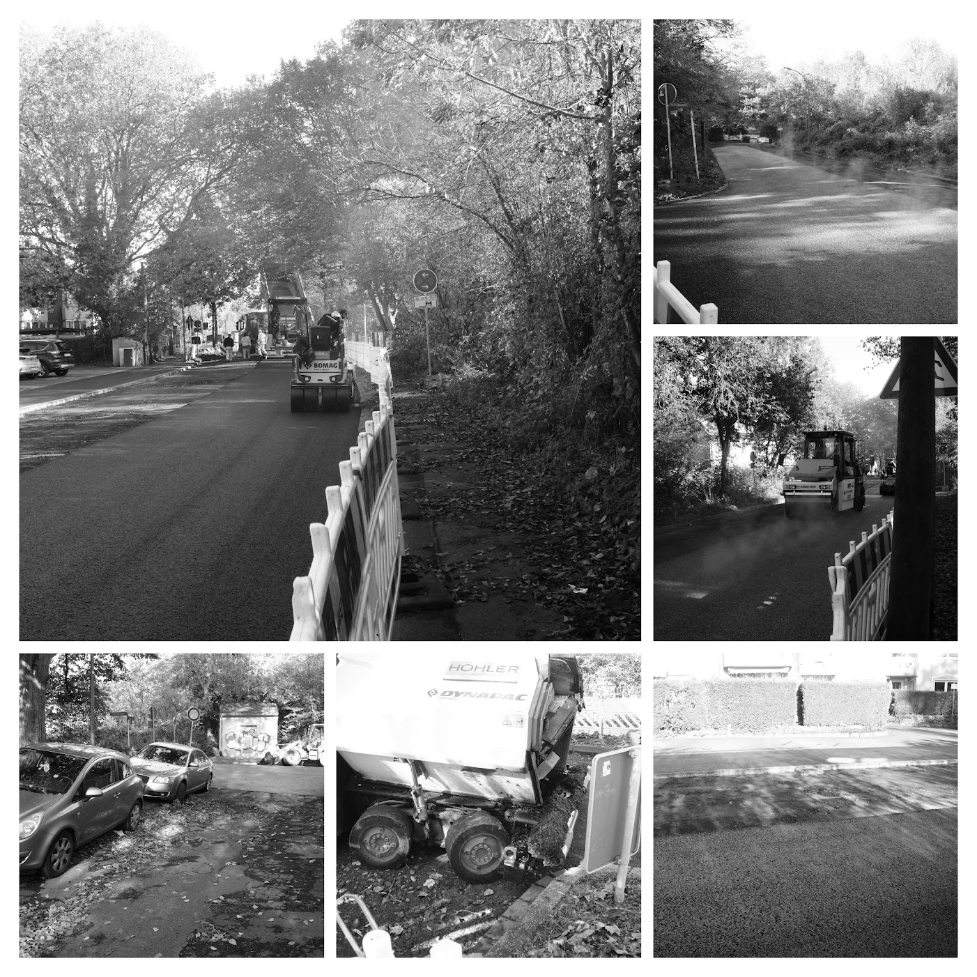 Machines and people putting asphalt down
