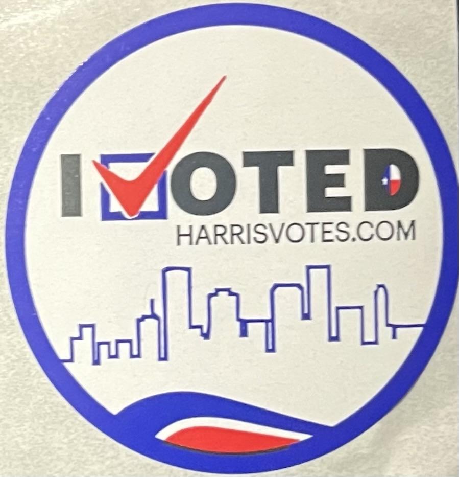 Image of ‘I Voted’ Harrisvotes.com sticker (Harris County, Texas) awarded after voting.