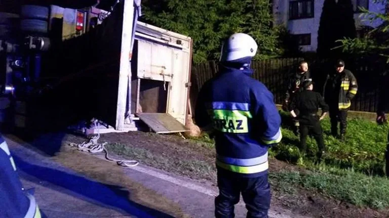 Ciężarówka ze zwierzętami w rowie. Dwie osoby trafiły do szpitala (zdjęcia)