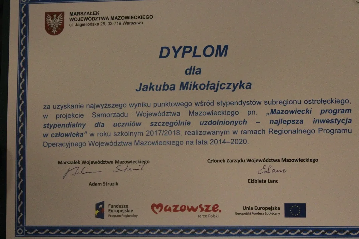 Jakub Mikołajczyk stypendystą Marszałka Województwa (zdjęcia)