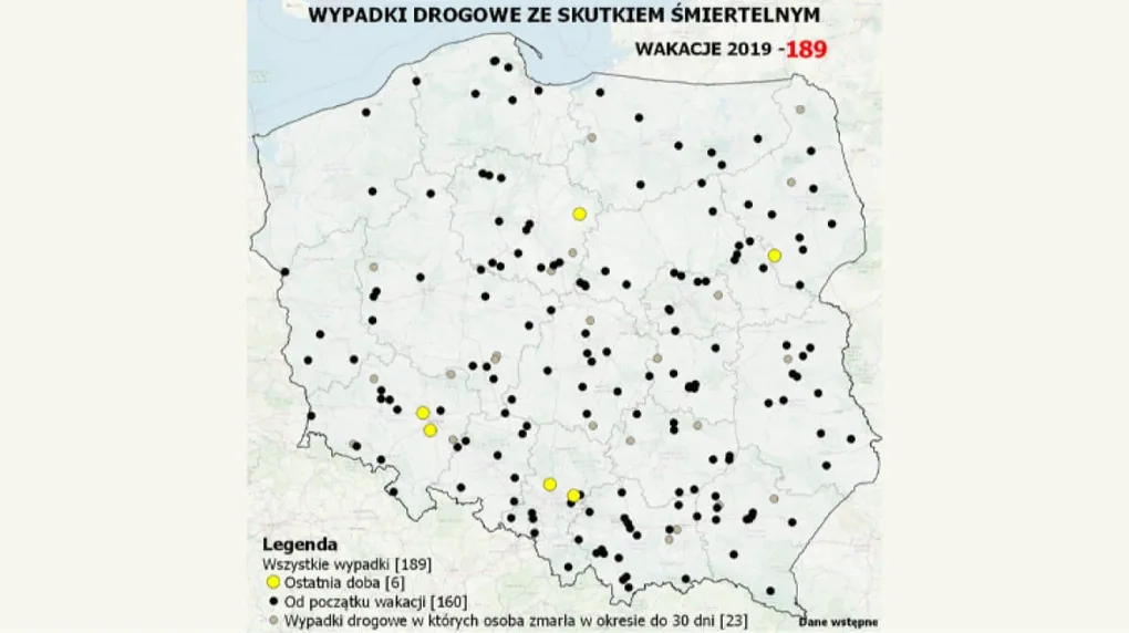 Mapa wypadków drogowych ze skutkiem śmiertelnym. Wakacje 2019