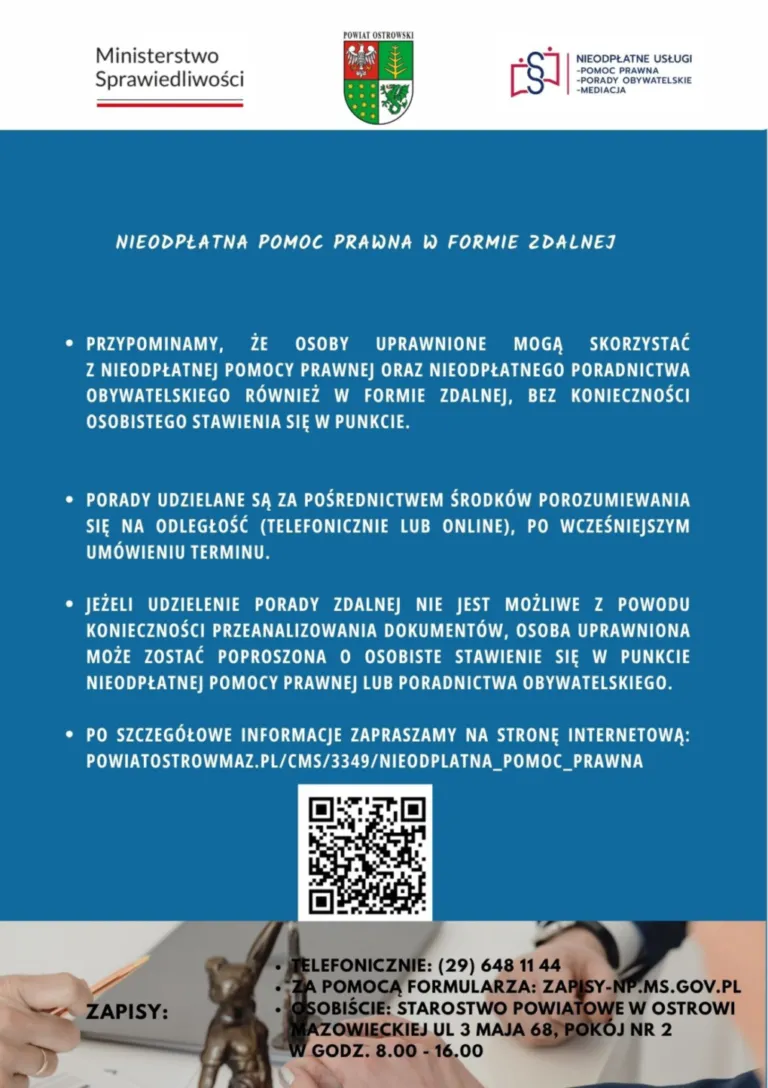 Bezpłatna pomoc prawna dostępna dla mieszkańców powiatu ostrowskiego