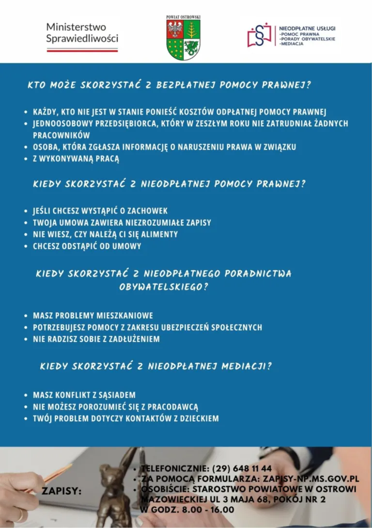 Bezpłatna pomoc prawna dostępna dla mieszkańców powiatu ostrowskiego