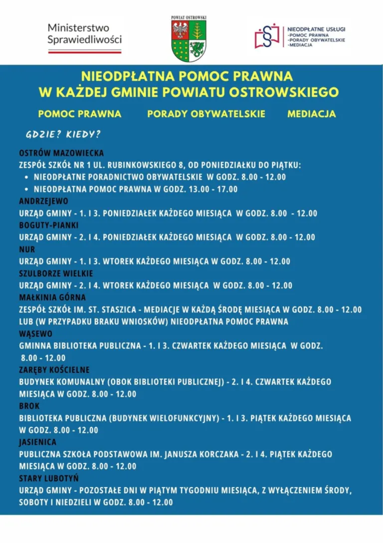 Bezpłatna pomoc prawna dostępna dla mieszkańców powiatu ostrowskiego