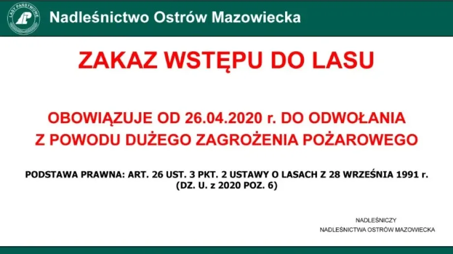 Zakaz wstępu do lasu w nadleśnictwie Ostrów Mazowiecka