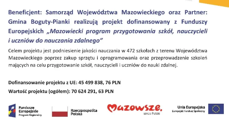 Gmina Boguty-Pianki realizuje projekt 'Mazowiecki program przygotowania szkół, nauczycieli i uczniów do nauczania zdalnego'