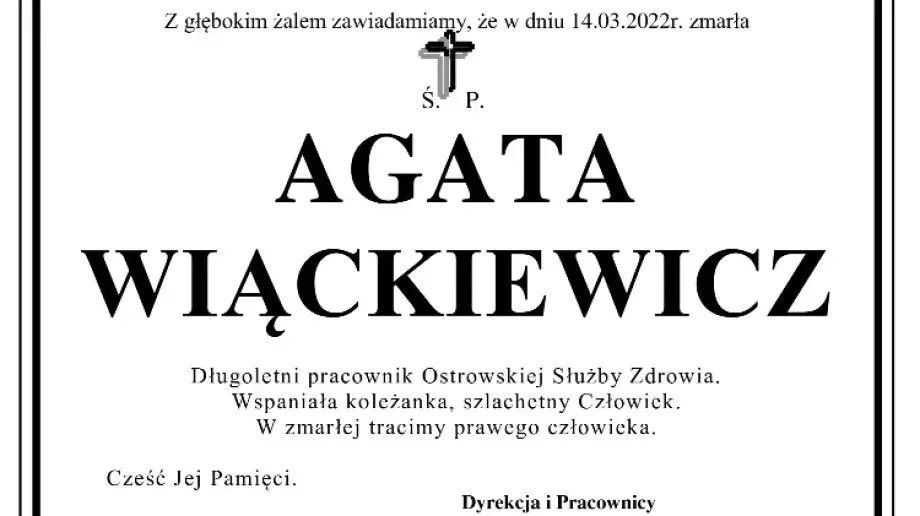 Zmarła Agata Wiąckiewicz, była długoletnim pracownikiem ostrowskiego szpitala