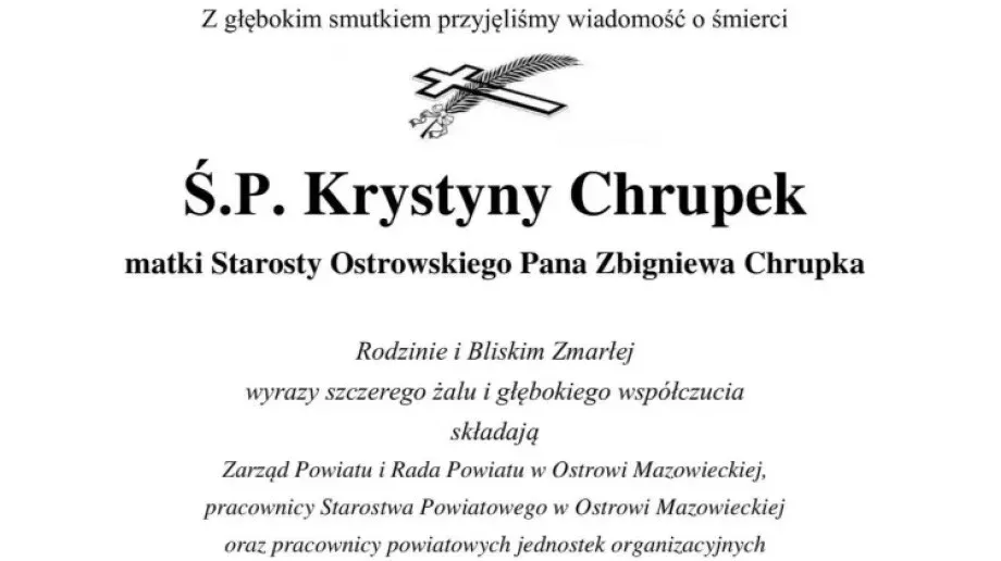 Zmarła Krystyna Chrupek, matka Starosty Ostrowskiego Zbigniewa Chrupka