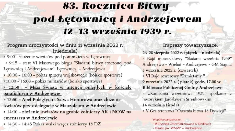 83. Rocznica Bitwy pod Łętownicą i Andrzejewem. Program uroczystości