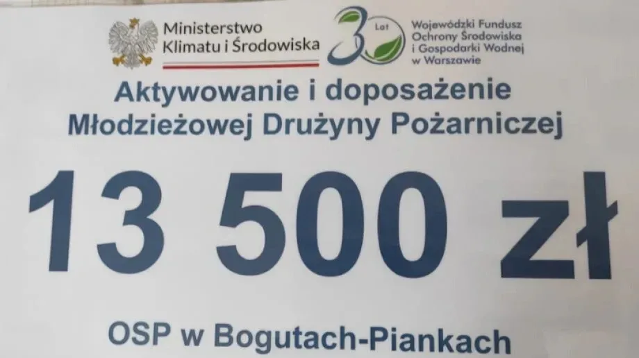 OSP w Bogutach-Piankach otrzymało wsparcie finansowe od Wojewódzkiego Funduszu Ochrony Środowiska i Gospodarki Wodnej w Warszawie