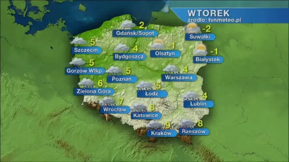 Wtorek pochmurny z opadami deszczu i śniegu. Nadciąga arktyczne powietrze