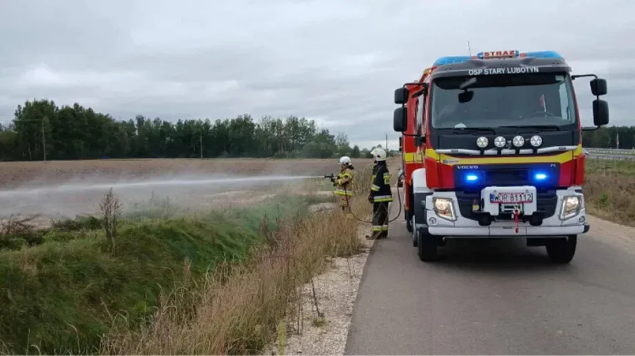 Pożar trawy przy trasie S61. Interweniowały jednostki OSP