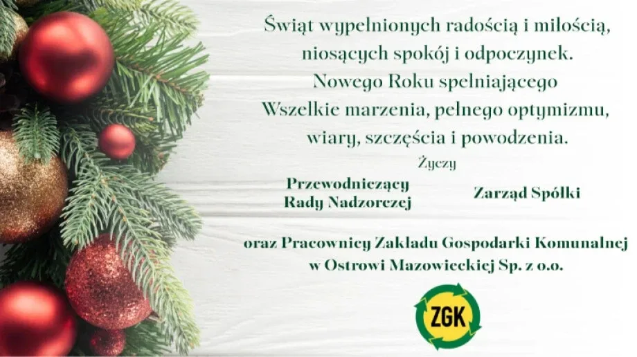 Świąteczne życzenia od Zakładu Gospodarki Komunalnej w Ostrowi Mazowieckiej