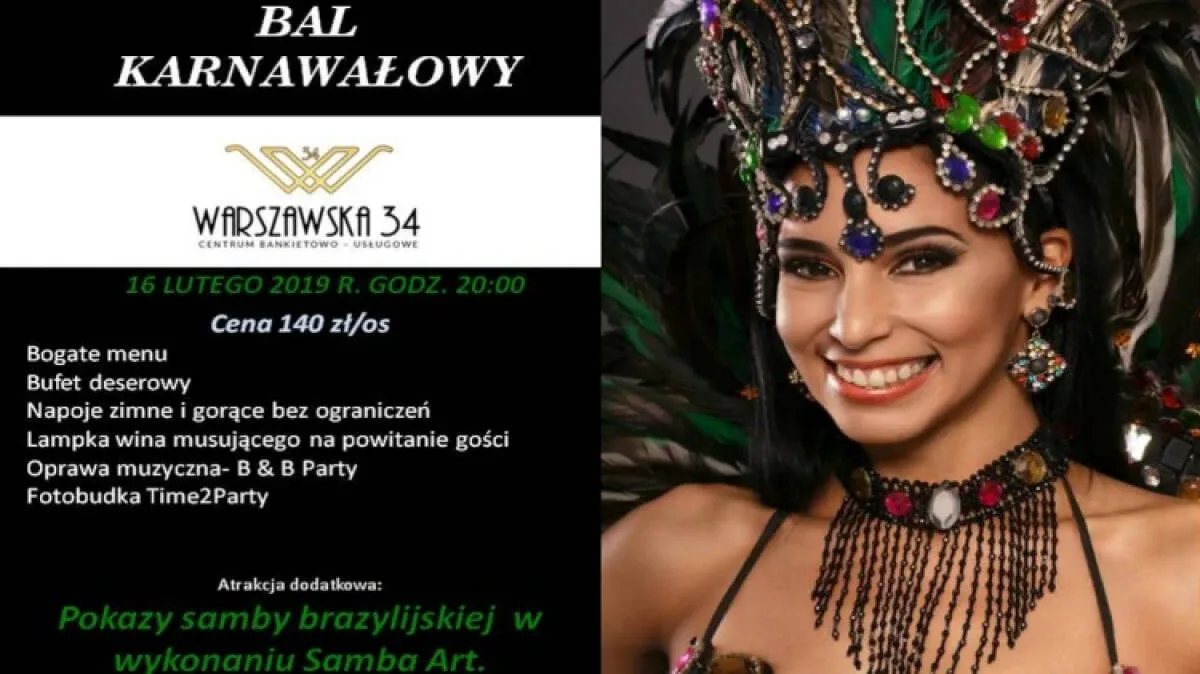 Bal karnawałowy w Centrum Warszawska 34 z sambą brazylijską