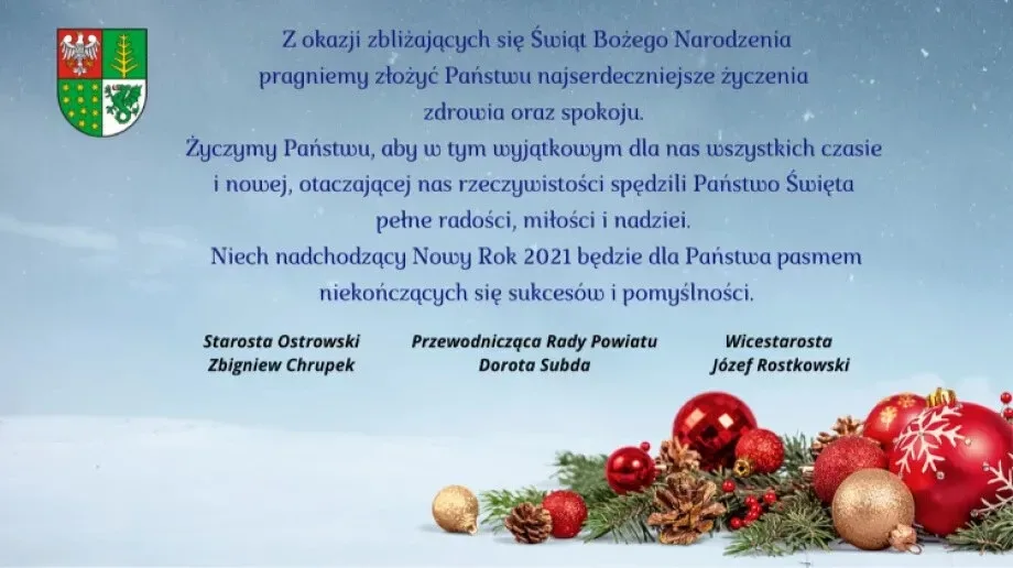 Życzenia świąteczne i noworoczne od Starostwa Powiatowego w Ostrowi Mazowieckiej