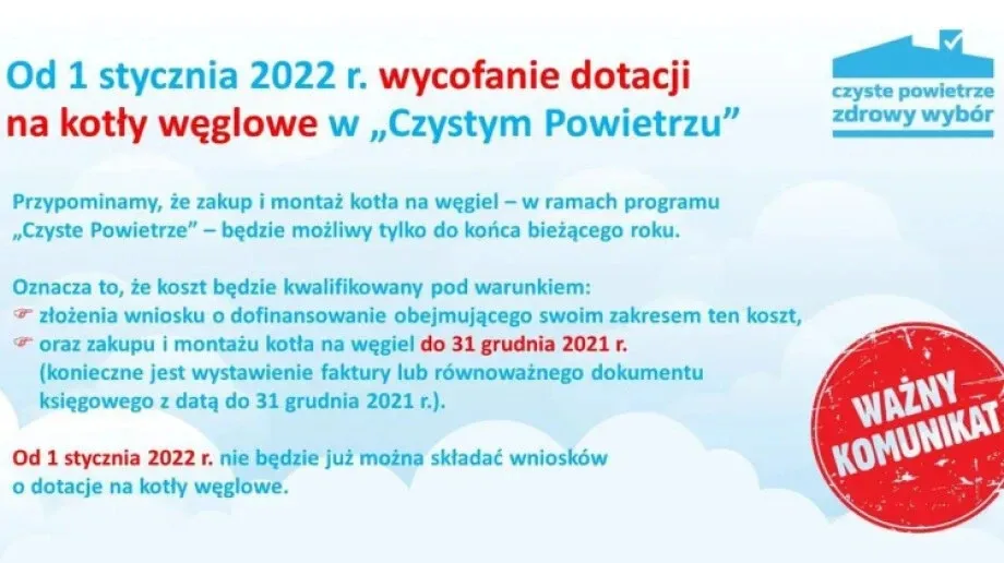 Urząd Gminy Stary Lubotyń informuje o wycofaniu dotacji na kotły węglowe