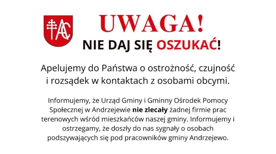 Oszustwa na terenie gminy Andrzejewo. Urząd gminy apeluje o ostrożność!