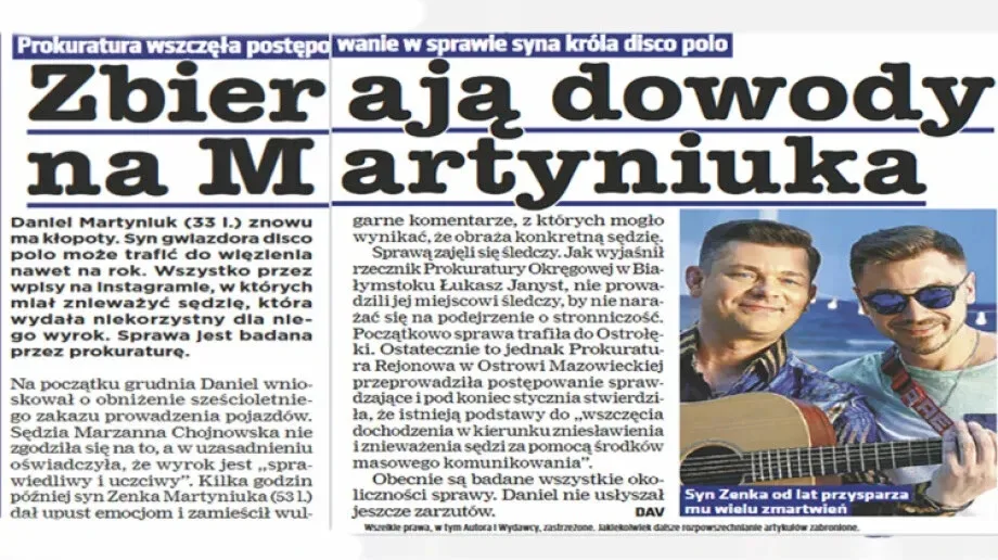 Prokuratura Rejonowa prowadziła postępowanie sprawdzające. Chodzi o syna Zenka Martyniuka!