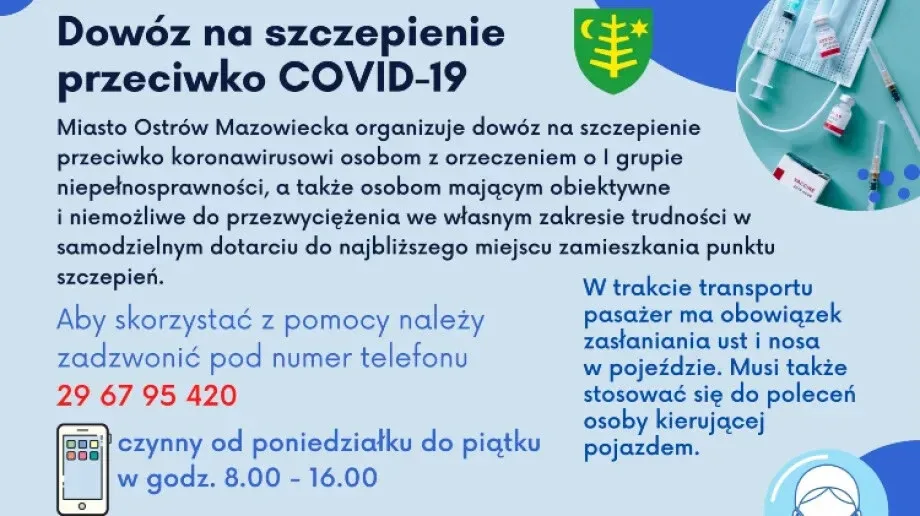 Miasto Ostrów Mazowiecka organizuje dowóz na szczepienie przeciwko COVID-19