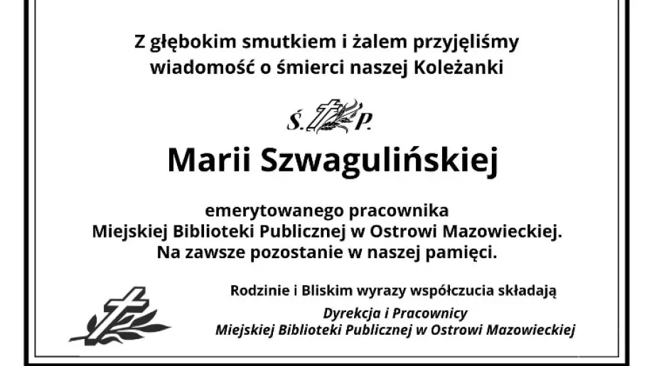 Zmarła Maria Szwagulińska, emerytowany pracownik Miejskiej Biblioteki Publicznej w Ostrowi Mazowieckiej