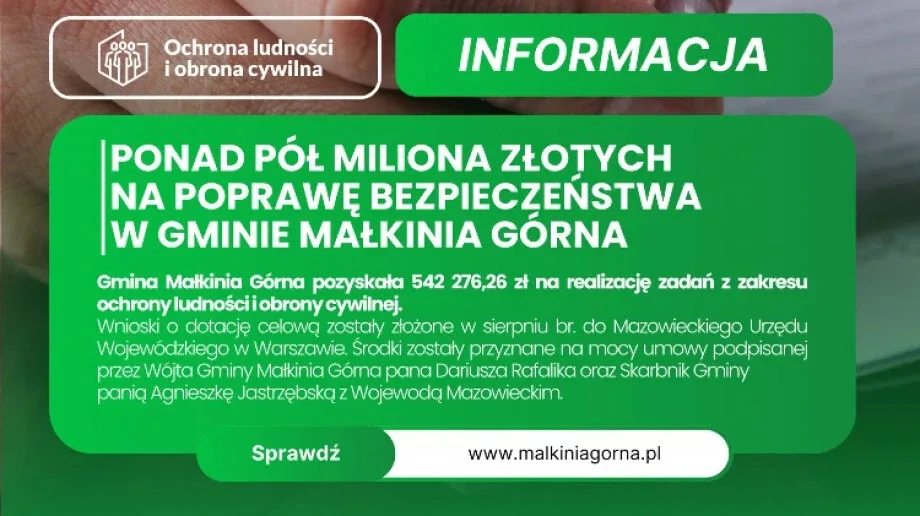 Gmina Małkinia Górna pozyskała ponad pół miliona złotych na ochronę ludności i obrony cywilnej