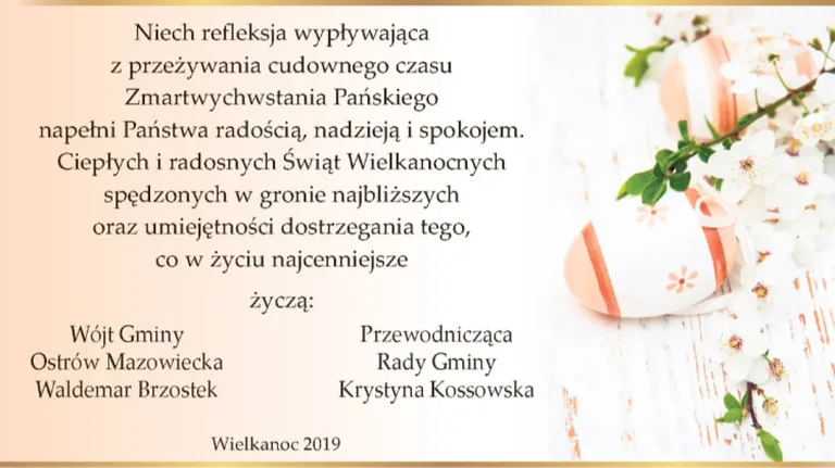 Życzenia wielkanocne od władz gminy Ostrów Mazowiecka