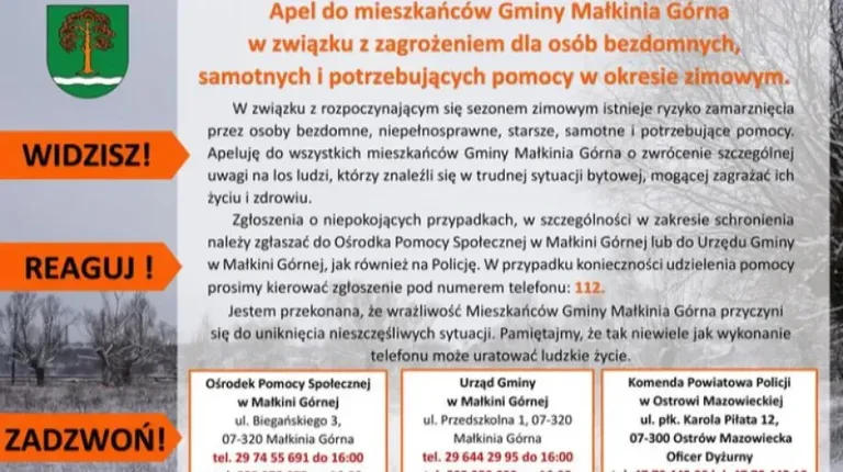 Apel do mieszkańców Gminy Małkinia Górna w związku z zagrożeniem dla osób bezdomnych, samotnych i potrzebujących pomocy w okresie zimowym