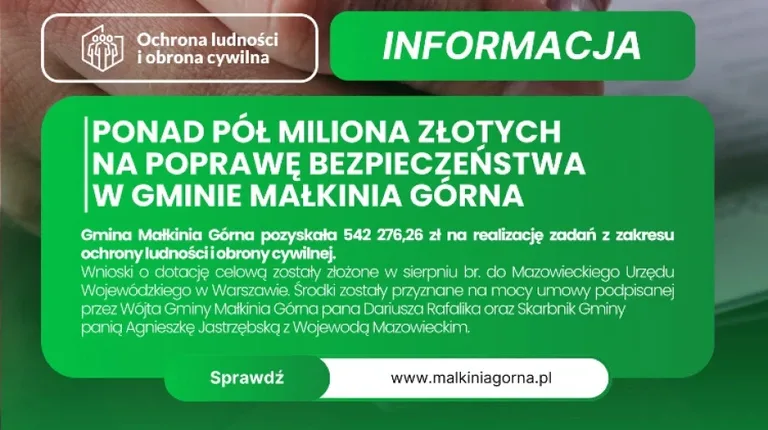 Gmina Małkinia Górna pozyskała ponad pół miliona złotych na ochronę ludności i obrony cywilnej