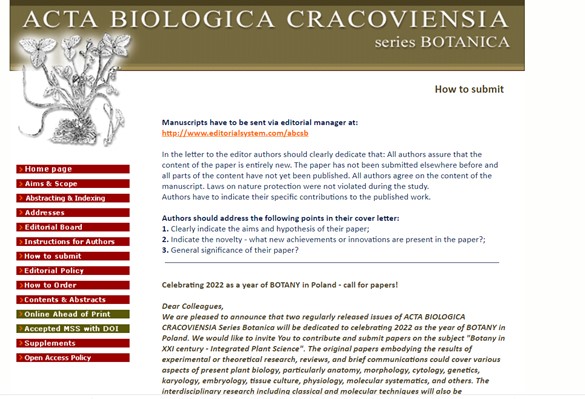 Nabór prac do czasopisma Acta Biologica Cracoviensia series Botanica pod hasłem Roku Botaniki