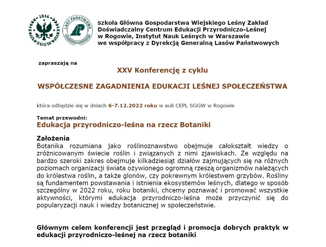 XXV Konferencja Współczesne Zagadnienia Edukacji Leśnej Społeczeństwa Edukacja p-l na rzecz botaniki
