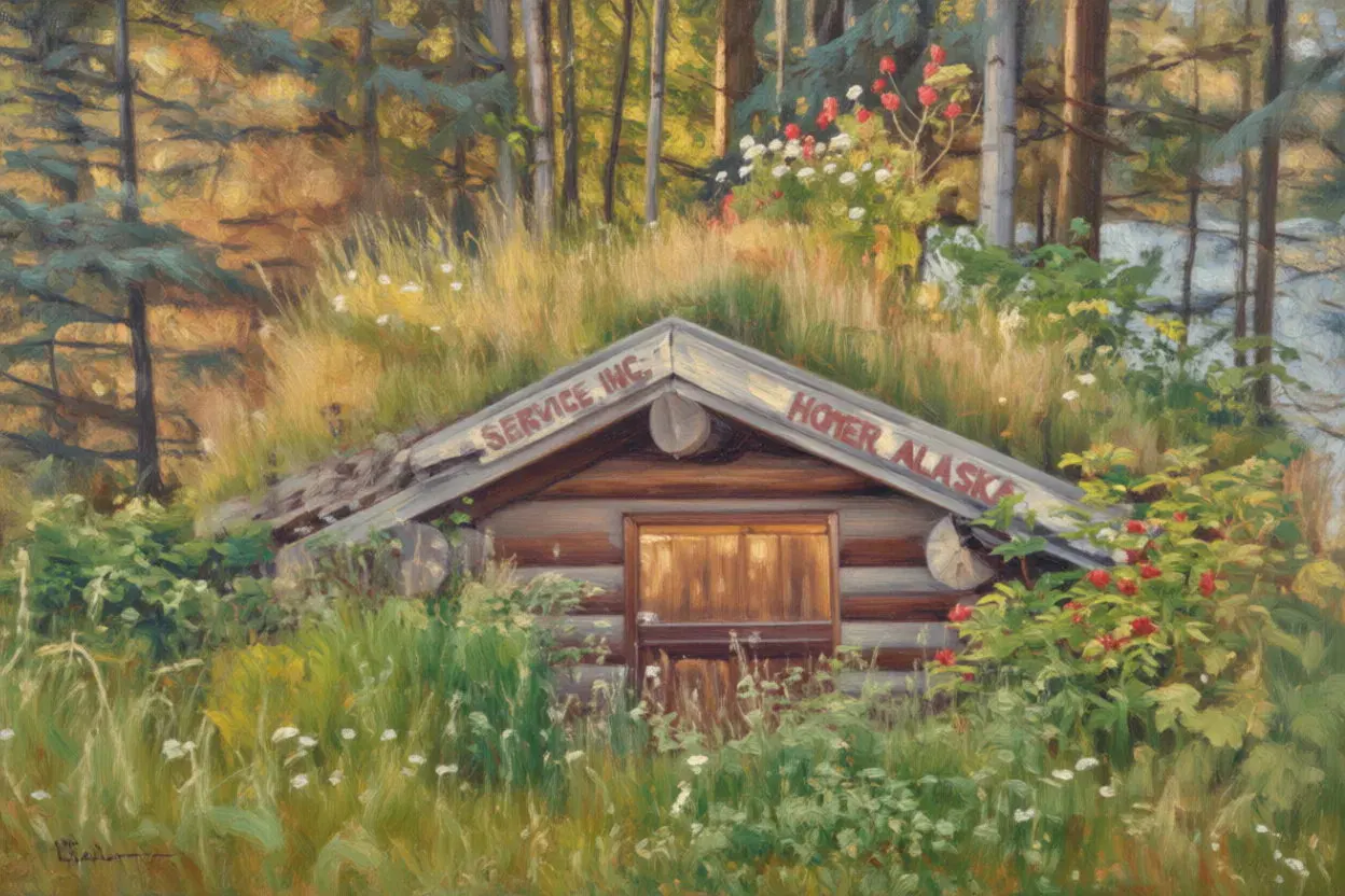 Oil painting of a weathered log cabin with "Service, Inc." and "Homer Alaska" painted on its peaked roof. The small structure is surrounded by overgrown golden grasses, white wildflowers, and red blooms, with tall forest trees in the background bathed in warm sunlight.