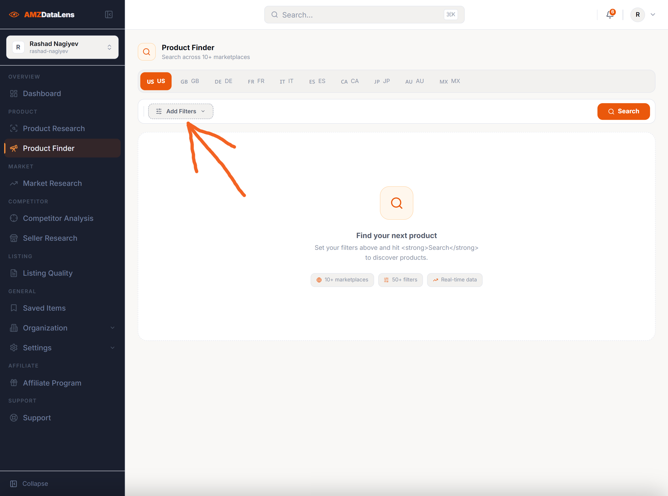 AMZDataLens Product Finder interface showing marketplace selector across US, GB, DE, FR, IT, ES, CA, JP, AU, MX and Add Filters button